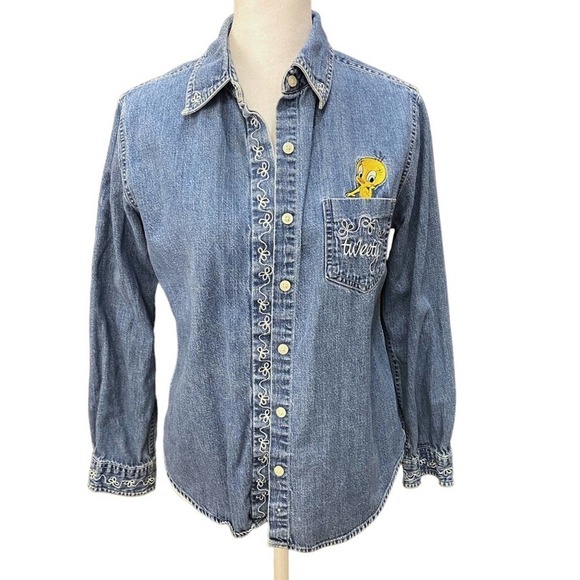 Warner bros looney tunes tweety bird denim y2k pocket button down shirt small - Picture 1 of 11